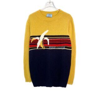 Prada Banana Inset Striped Crew Neck Long Sleeve Knit Sweater Yellow/Navy